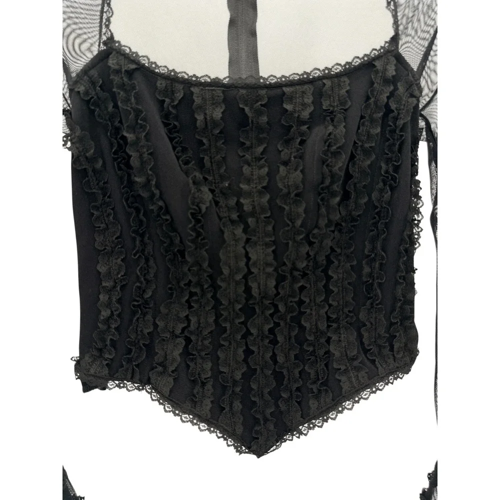 Tadashi Black Mesh Ruffle Corset Top Long Sleeve Victorian Gothic Vintage Size M
